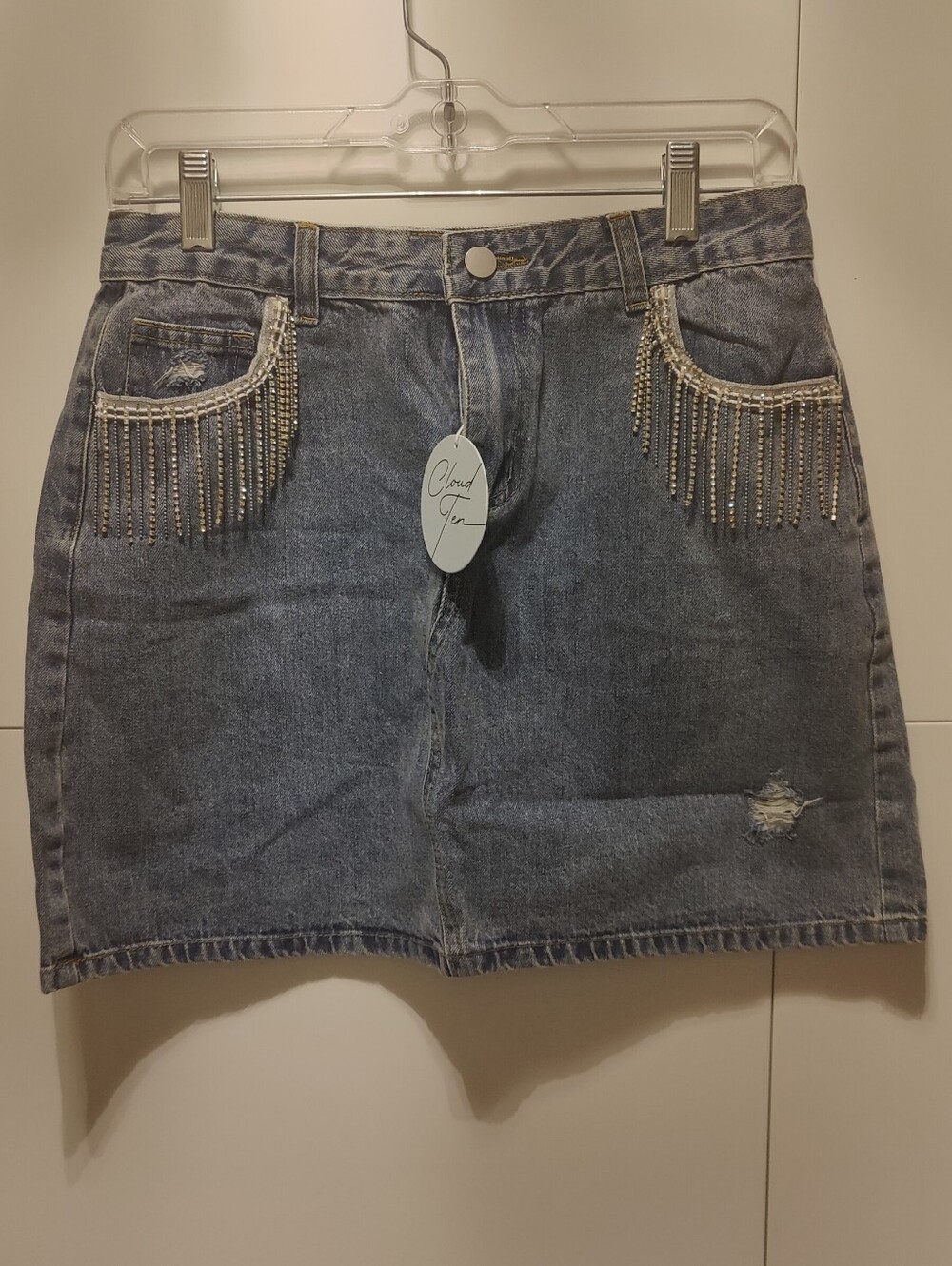Cloud Ten Rhinestone Fringe Denim Mini Skirt Y2K Size L